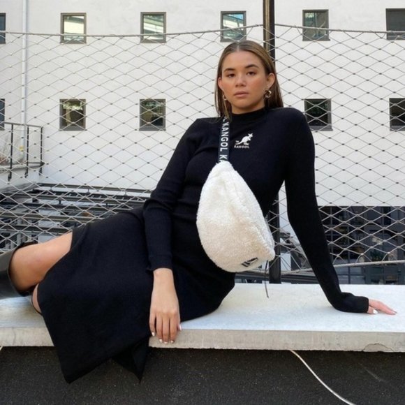 Kangol X H&M Womens L Black Long Sleeves Embroidered Ribbed Knit Bodycon Dress - Picture 6 of 13